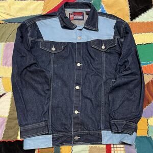 Urban Culture Y2K Baby Blue Leather Accent Dark Washed Denim Jacket Large
